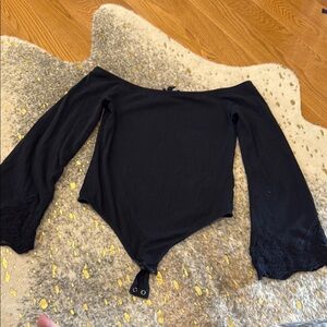 Express Black Off-Shoulder Bodysuit with Lace Sleeves